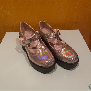 dolls kill koi footwear sai mary janes silver holographic